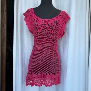 No Boundaries Pink Crochet Sheer Dress, Y2K Beach Coverup, Coquette Fairy Boho